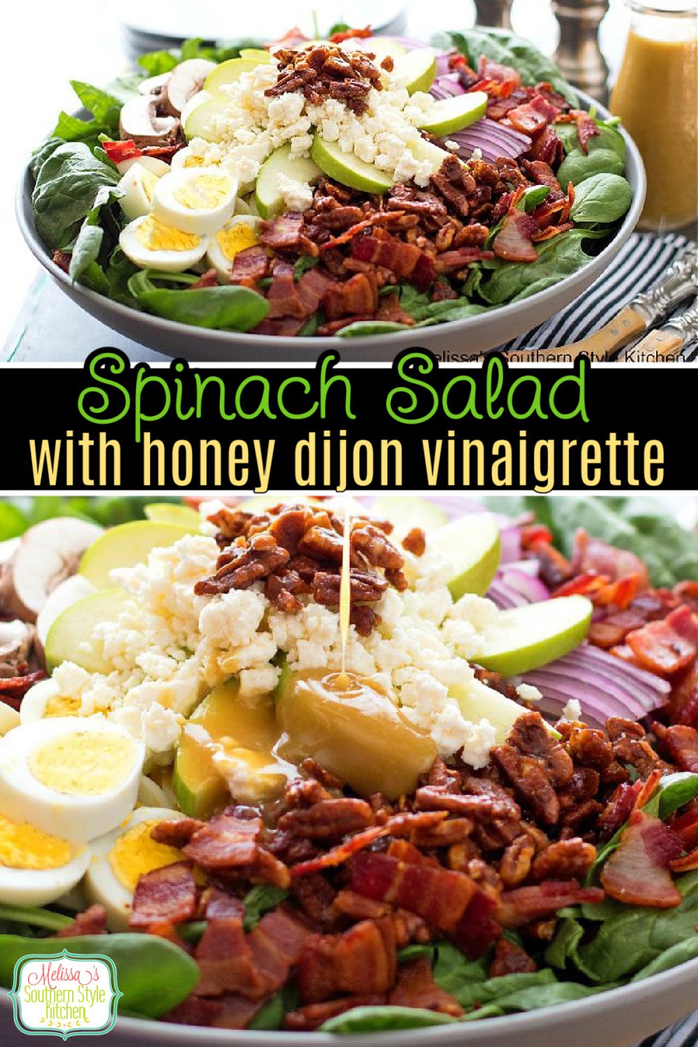 Enjoy this fresh Spinach Salad with Honey Dijon Vinaigrette as a side dish or topped with chicken or shrimp as an entree #spinachsalad #saladrecipes #homemadehoneydijondressing #honeymustard #sidedishrecipes #dinnerideas #spinachrecipes #southernfood #southernrecipes via @melissasssk