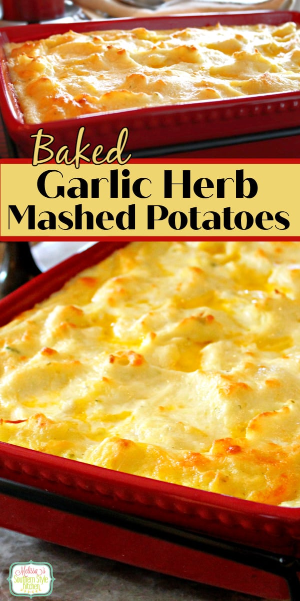 These dreamy Garlic Herb Mashed Potatoes can be assembled in advance then baked just before serving #makeaheadmashedpotatoes #mashedpotatoes #garlicherbmashedpotatoes #potatorecipes #potatocasserole #potatoes #garlicherbpotatoes #holidaysidedishrecipes #thanksgivingrecipes #easterrecipes #christmasrecipes #southernfood #southernrecipes via @melissasssk