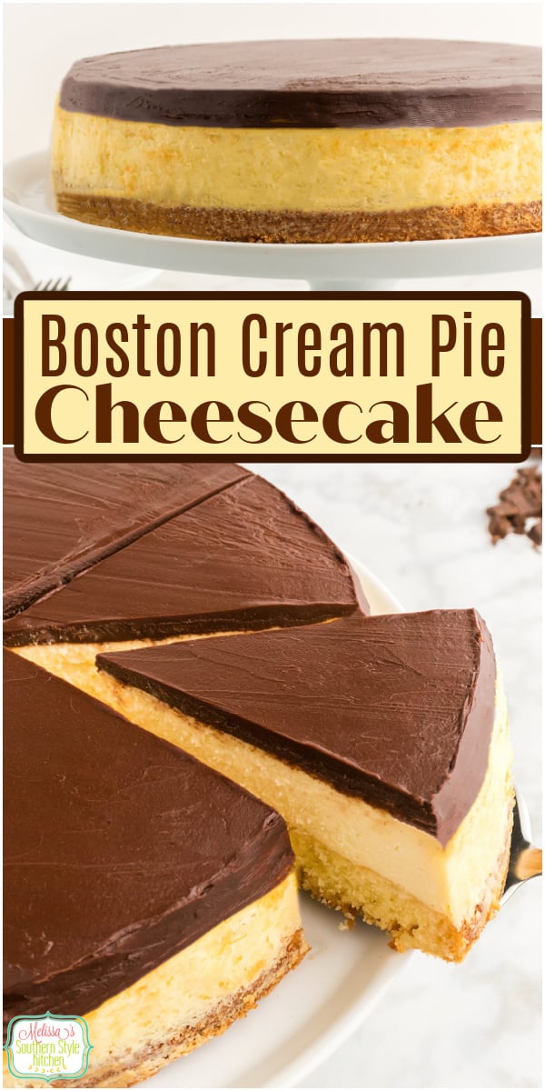 This Boston Cream Pie Cheesecake features a layer of cake nestled under a creamy vanilla cheesecake filling covered with a chocolate ganache. #cheesecake #bostoncreampie #bostoncreampiecheesecake #bostoncreamrecipes via @melissasssk