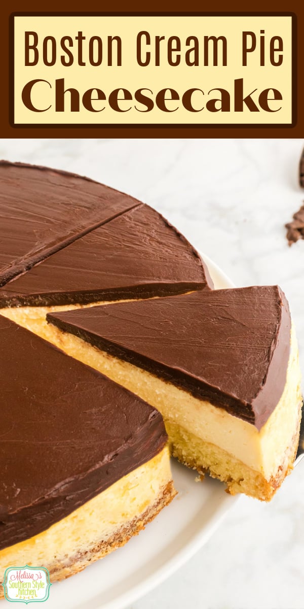 This Boston Cream Pie Cheesecake features a layer of cake nestled under a creamy vanilla cheesecake filling covered with a chocolate ganache. #cheesecake #bostoncreampie #bostoncreampiecheesecake #bostoncreamrecipes via @melissasssk