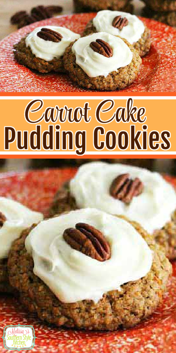 Cream cheese frosted Carrot Cake Pudding Cookies #carrotcake #cookies #puddingcookies #easterdesserts #carrotcakecookies #desserts #dessertfoodrecipes #southernfood #southernrecipes #melissassouthernstylekitchen via @melissasssk