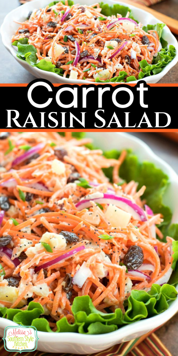 This fresh and flavorful salad is filled with crunch and color, too #carrotsalad #carrots #salads #carrotraisinsalad #saladrecipes #vegetarian #summersalads #sidedishrecipes #sourthernfood #southernrecipes via @melissasssk