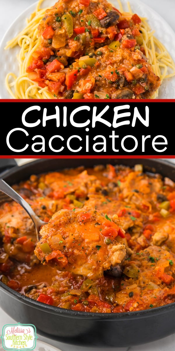 This Chicken Cacciatore Recipe features chicken thighs simmered in a robust tomato sauce seasoned with bell peppers, onion and mushrooms. #chicken #chickenrecipes #easychickenrecipes #dinnerideas #chickenthighs #chickencacciatore via @melissasssk