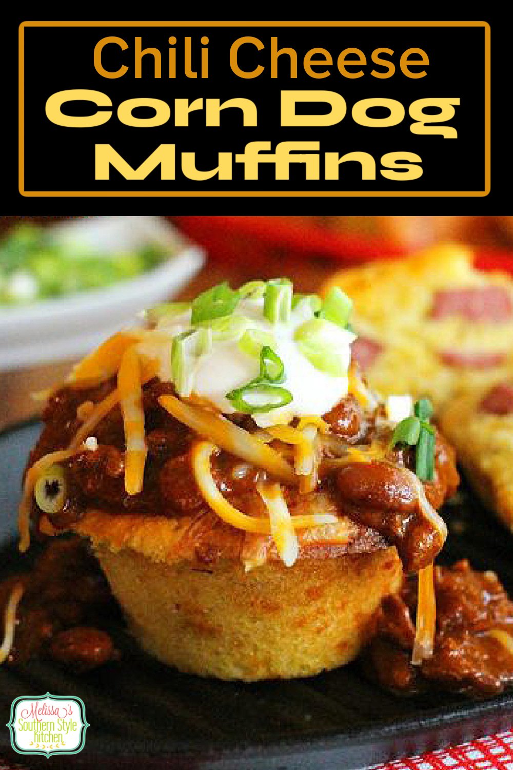 Chili Cheese Corn Dog Muffins combine all that we love about classic corn dogs smothered with beefy bean chili, sour cream and cheddar cheese #corndogs #corndogmuffins #cornbread #dinner #muffinrecipes #food #dinnerideas #chili #chilicheesedogs #southernrecipes #hotdogs via @melissasssk