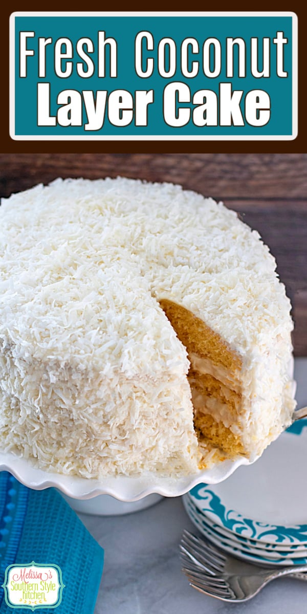 This glorious Coconut Layer Cake is a stunner worthy of any special gathering, birthday or holiday celebration #coconutcake #coconutlayercake #cakerecipes #easterdesserts #cakes #birthdaycakerecipes #southerndesserts #southernrecipes via @melissasssk