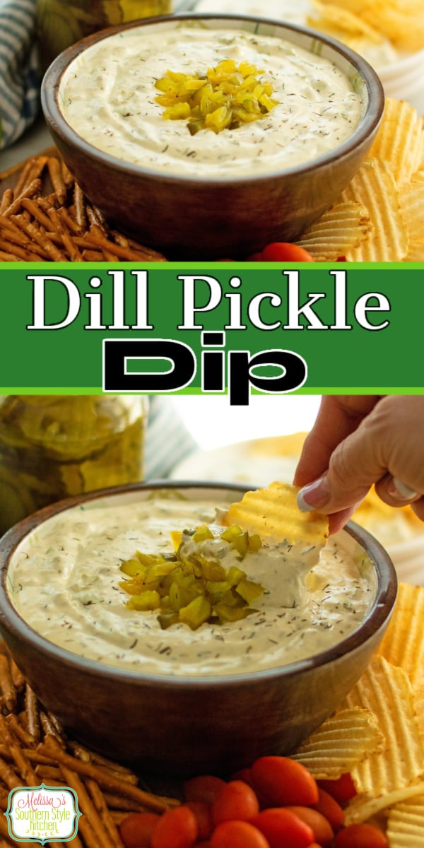 Serve this Dill Pickle Dip with potato chips, crackers, pretzels, vegetables or crostini for dipping #dillpickles #dillpickledip #easypicklerecipes #bestdiprecipes #dilldip #southerndiprecipes #partyrecipes via @melissasssk