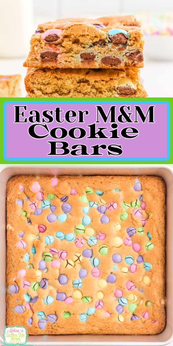 These colorful Easter M&M Cookie Bars are perfect for any spring celebration #cookiebars #easterdesserts #eastercookiebars #m&m #m&mcookies #cookierecipes #easterrecipes #easterblondies via @melissasssk