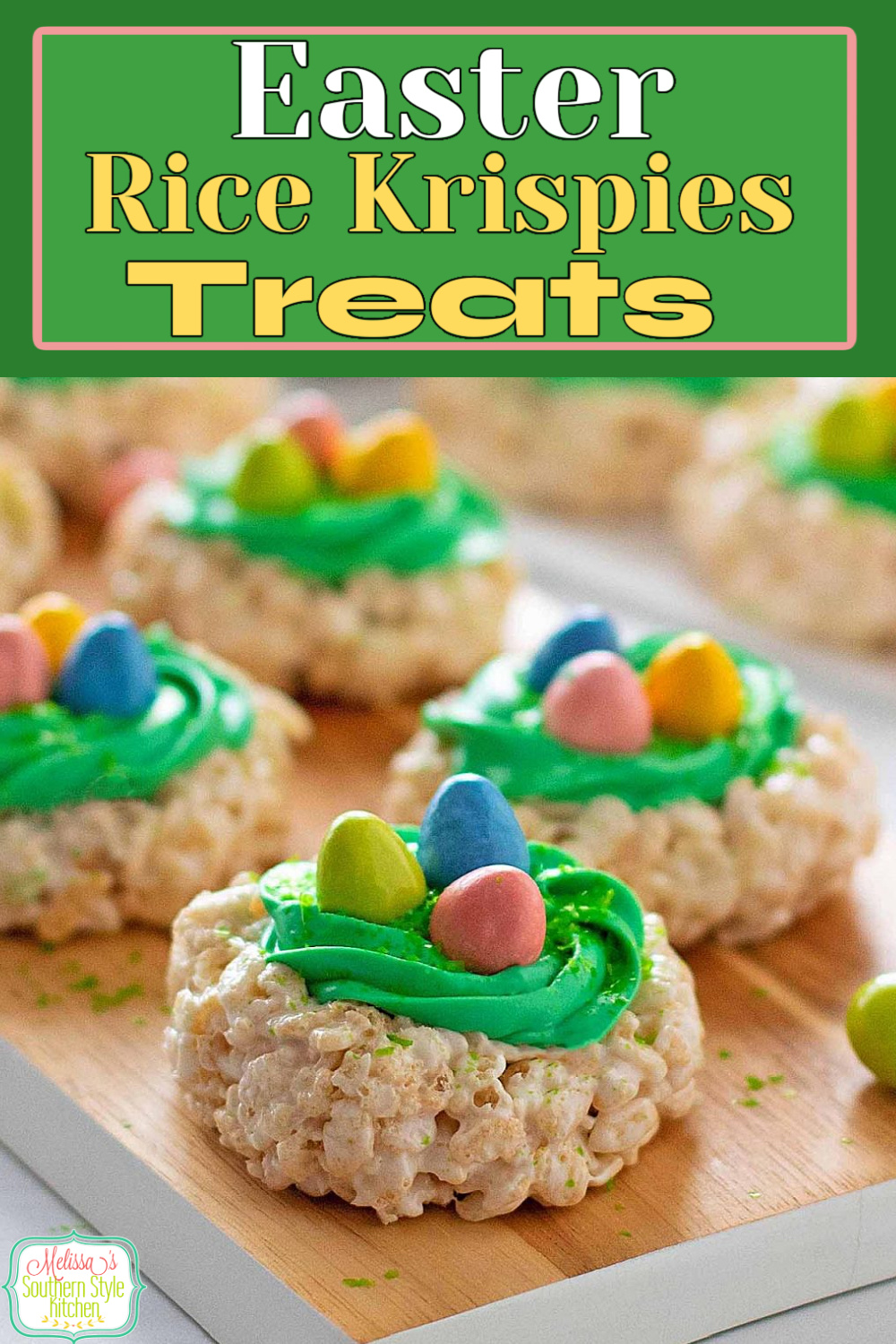 Kids of all ages will love these cute little Easter Rice Krispies Treats #easterdesserts #easterricekrispiestreats #eastercandy #ricekrispiestreats #easternests #ricekrispiestreatsnests via @melissasssk