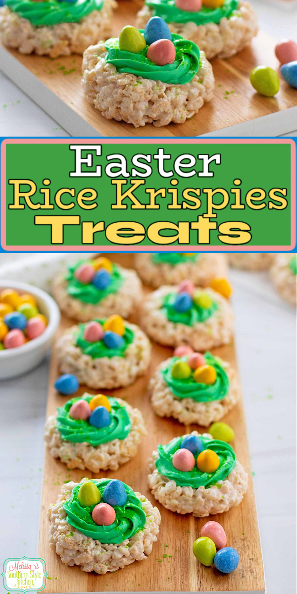Kids of all ages will love these cute little Easter Rice Krispies Treats #easterdesserts #easterricekrispiestreats #eastercandy #ricekrispiestreats #easternests #ricekrispiestreatsnests via @melissasssk