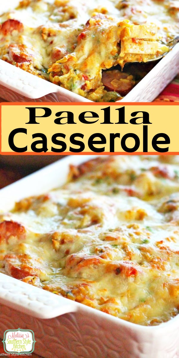 This easy casserole recipe turns Paella into a family pleasing meal. #casseroles #casserolerecipe #paella #paellarecipe #chickencasseroles #chickenandrice via @melissasssk