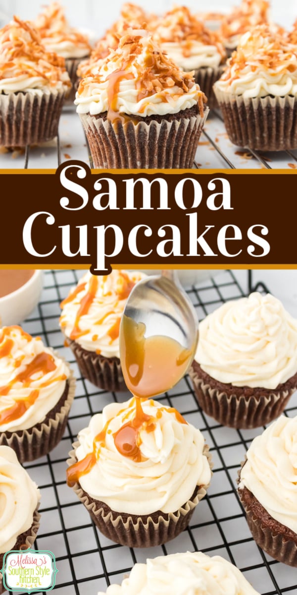 This Samoa Cupcakes recipe features a chocolate cupcake and buttercream icing topped with toasted coconut and a drizzle of caramel sauce. #samoacookies #samoacupcakes #easycupcakerecipes #howtomakecupcakes #chocolatecake #chocolatecupcakes #cupcakerecipes #buttercreamicing via @melissasssk