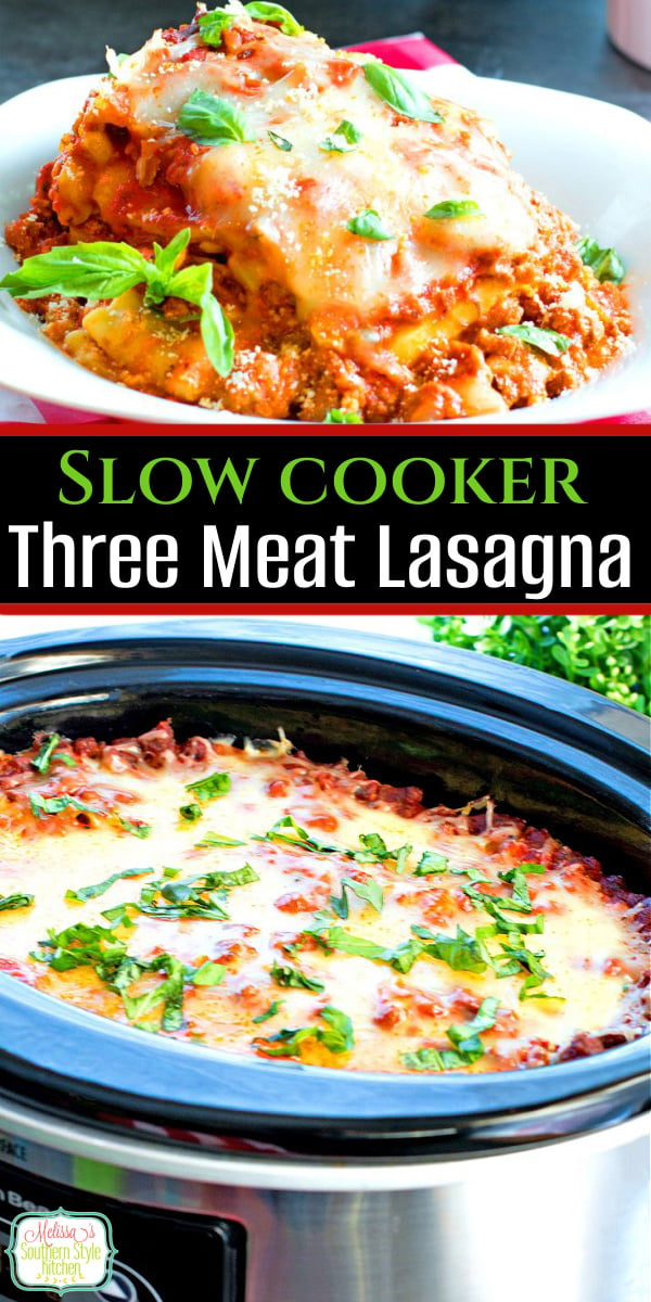 Simmer this rich and flavorful lasagna in your slow cooker all day long and enjoy Italian night at home #lasagna #crockpotlasagna #slowcookerrecipes #threemeatlasagna #pasta #dinnerideas #southernfood #southernrecipes #melissassouthernstylekitchen via @melissasssk