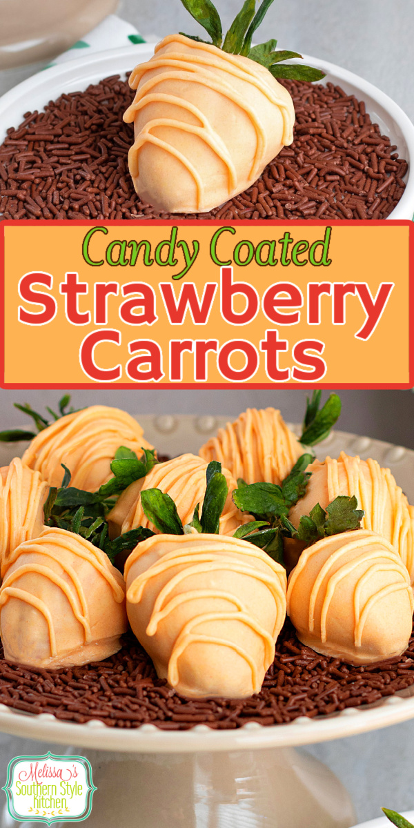 You'll love making these cute as a button Candy Coated Strawberry Carrots to add to your Spring desserts this year. #strawberrydesserts #strawberries #strawberrycarrots #candycoatedstrawberry #easterrecipes #easterdesserts #candyrecipes via @melissasssk