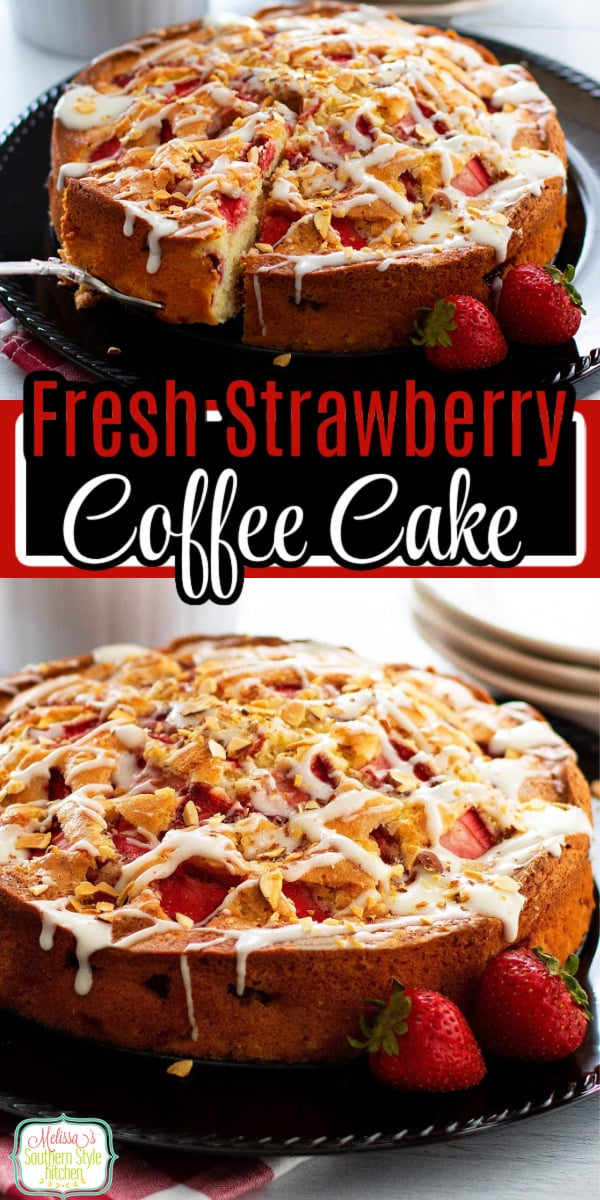 This Fresh Strawberry Coffee Cake features slices of sweet strawberries baked in a scratch made batter and drizzled with a creamy glaze #straberrycoffeecake #strawberries #strawberrycake #strawberryrecipes #strawberries #cakes #cakerecipes via @melissasssk