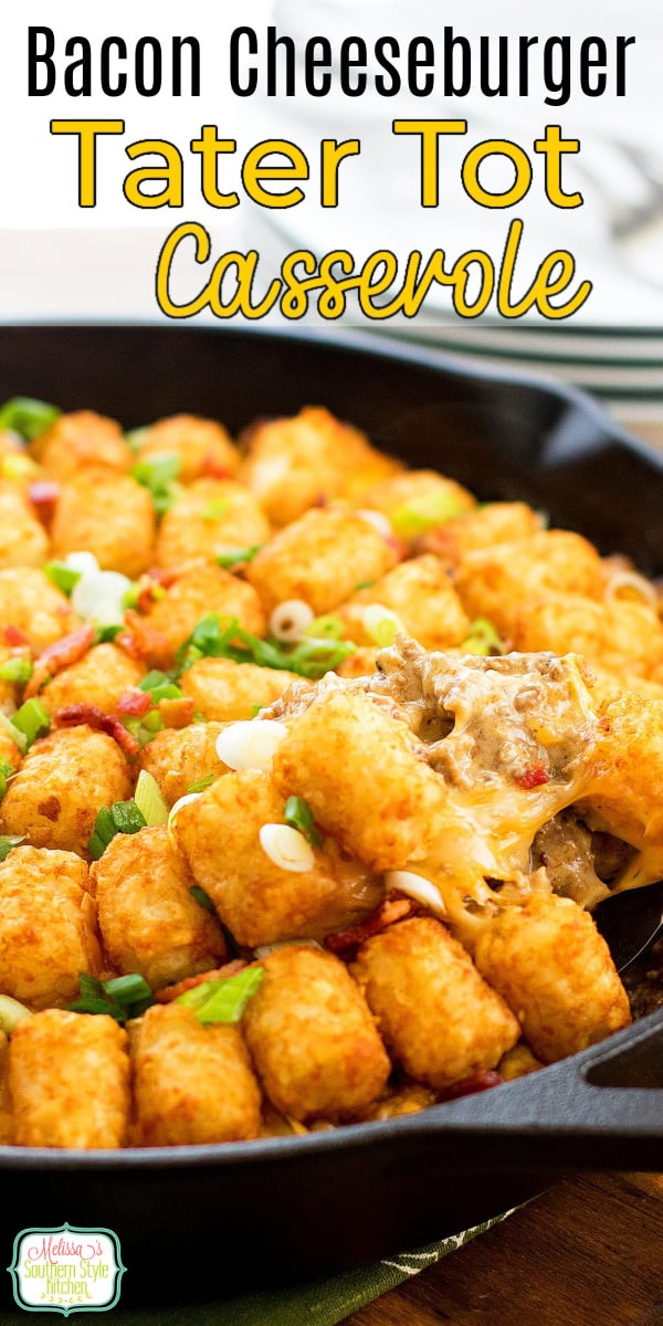 Bacon Cheeseburger Tater Tot Casserole features a flavorful cheeseburger filling topped with crispy potatoes is a one-dish-meal #cheeseburgercasserole #tatertotocasserole #cheeseburgers #easygroundbeefrecipes #dinner #dinnerideas #southernfood #southernrecipes #baconcheeseburgers via @melissasssk