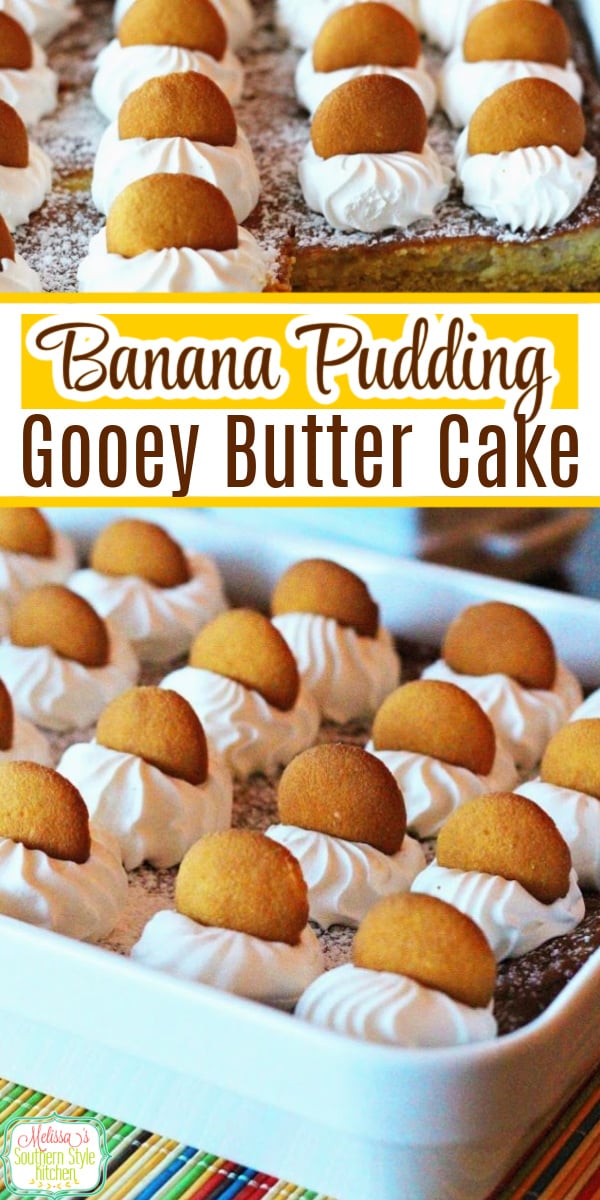 Two Southern favorites collide in this Banana Pudding Gooey Butter Cake #bananapudding #gooeybuttercake #gooeybuttercakerecipes #bananas #bananadesserts #desserts #dessertfoodrecipes #bananadessertrecipes #bestgoeybuttercakerecipes #southernfood #southerndesserts via @melissasssk