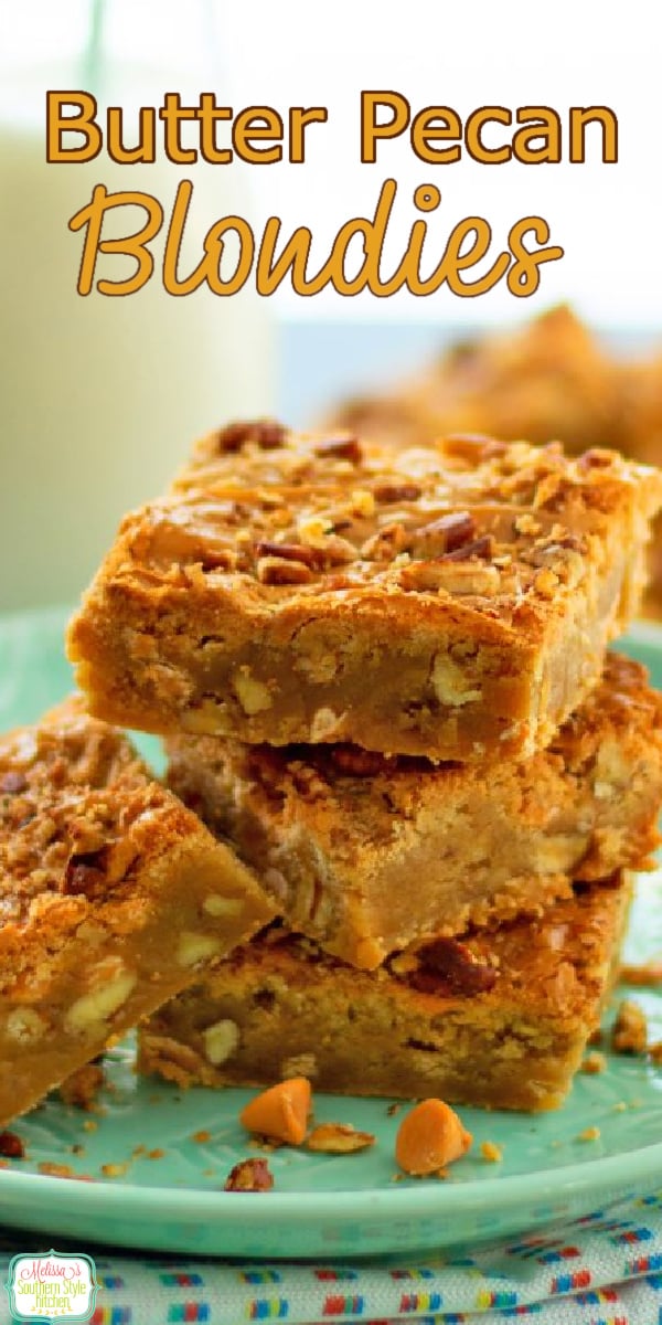 Enjoy these buttery homemade Butter Pecan Blondies with a cup of coffee, hot tea or glass of milk. #blondies #butterpecanblondies #bestblondiesrecipe #pecanbars #cookiebars #southerndesserts #southernrecipes via @melissasssk