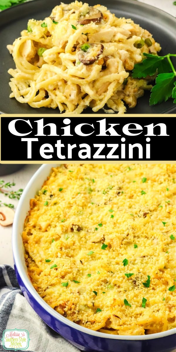 This Chicken Tetrazzini features diced chicken, mushrooms, and peas smothered in a perfectly seasoned sauce flavored with Parmesan cheese. #chickenrecipes #easychickenrecipes #tetrazzini #chickentetrazzini #pastarecipes via @melissasssk