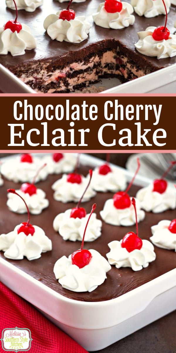 This insanely delicious Chocolate Cherry Eclair Cake will cure your sweets craving #eclaircake #chocolate #cerry #cherries #eclaircakerecipe #nobake #cakes #chocolatecake #desserts #southernrecipes via @melissasssk