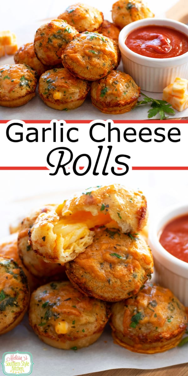 These buttery Garlic Cheese Rolls are an irresistible cheesy extravaganza that are a cinch to make using frozen yeast roll dough #garliccheeserolls #garlicrolls #garlicbread #cheesybread #cheesebread #cheeserolls #easycheeserolls #garlicbutterrolls via @melissasssk
