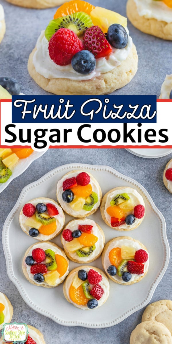 These soft chewy Fruit Pizza Sugar Cookies feature a delightful combination of flavors and textures that's certain to leave you craving more. #cookies #sugarcookies #fruitpizza #fruitcookies #cookierecipes #holidaybaking #christmascookies #summerdesserts via @melissasssk