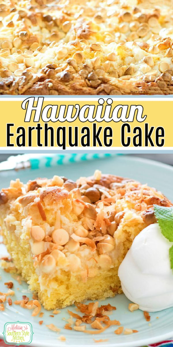 Island inspired Hawaiian Earthquake Cake is filled with pineapple, macadamia nuts, coconut and white chocolate chips for the ultimate combo #earthquakecake #coconutcake #pineapplecake #hawaiianearthquakecake #pineapplecake #cakemixhacks #southernrecipes via @melissasssk