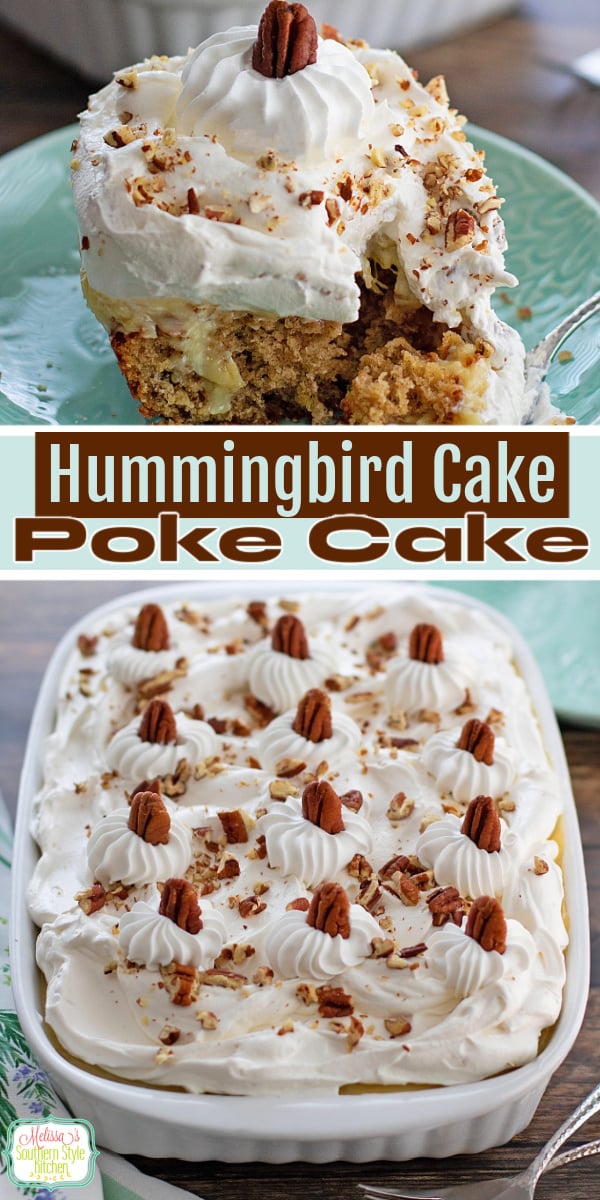This Hummingbird Cake Poke Cake is a delicious riff on the famous Hummingbird Cake any baker can make #hummingbirdcake #hummingbirdpokecake #pokecakerecipe #cakes #sheetcake #southerndesserts #pineapplecake #coconutcake #cakemixhacks via @melissasssk