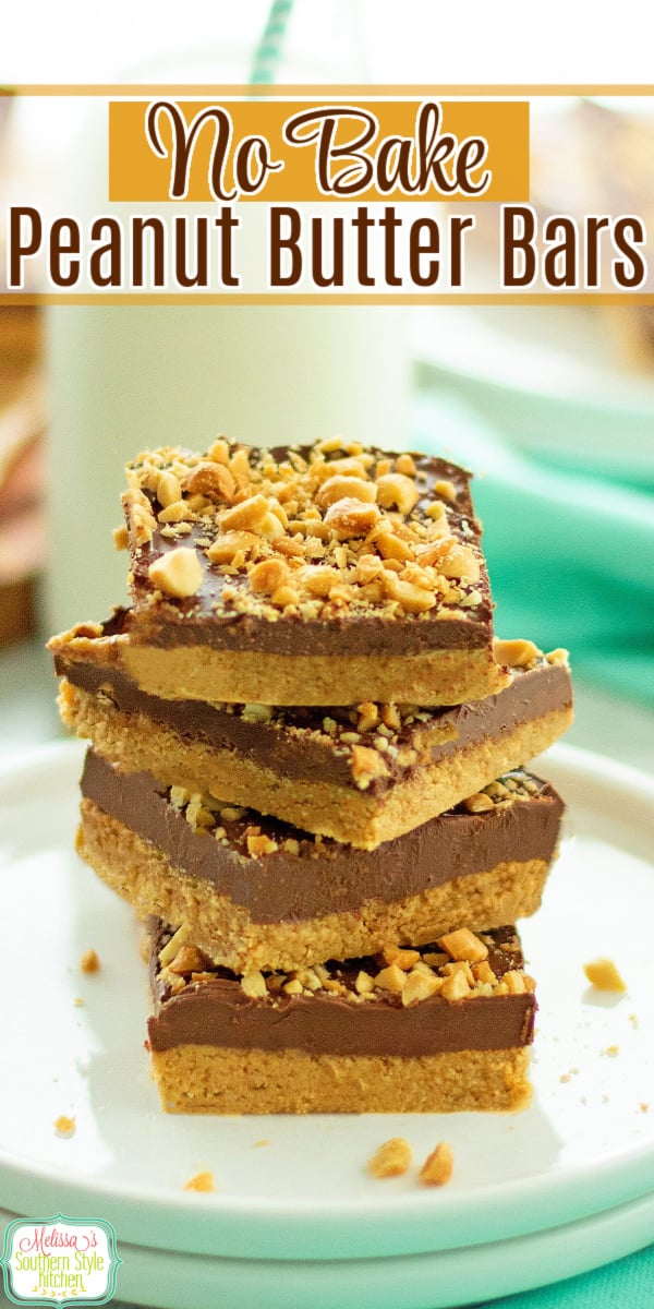 These no bake Peanut Butter Bars are drizzled with a warm chocolate and peanut butter infused topping and sprinkled with chopped peanuts. #peanutbutter #cookiebars #nobakebars #peanutbutterbars #easypeanutbutterbars #holidayrecipes #christmascookierecipes via @melissasssk