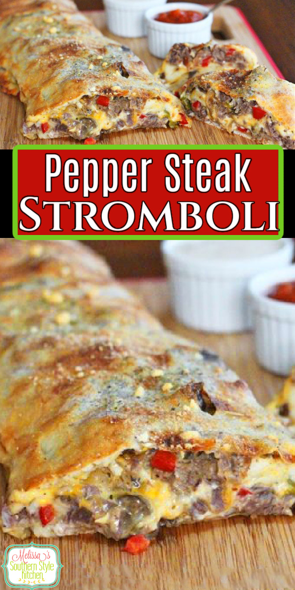 Family-style Pepper Steak Stromboli #stromboli #steakrecipes #peppersteakstromboli #beef #dinnerideas #southernfood #southernrecipes #dinner #cheesesteak via @melissasssk