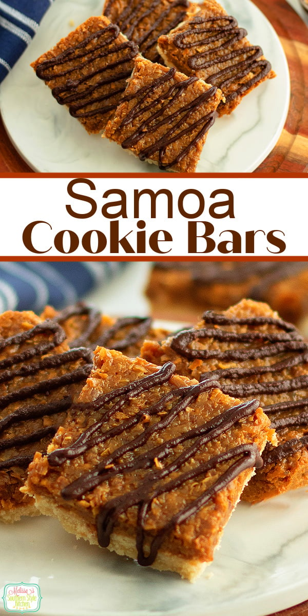 These Samoa Cookie Bars feature a buttery homemade shortbread crust topped with caramel and toasted coconut and a drizzle of warm chocolate. #samoacookierecipe #samoacookiebars #cookierecipes #cookiebars #caramelcookies via @melissasssk
