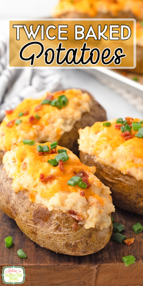 This Twice Baked Potatoes recipe features baked potatoes that are perfectly seasoned and filled with cheddar cheese and smoky bacon. #potatoes #twicebakedpotato #potatorecipes #besttwicebakedpotatoes #bakedpotatoes #cheesypotatoes #easypotatorecipes via @melissasssk