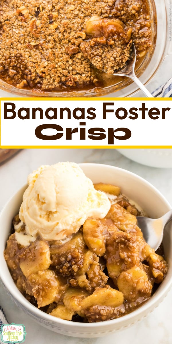 This Bananas Foster Crisp is a riff on a NOLA classic that features bananas covered in a rich caramel sauce and baked with a crispy topping. #bananasfoster #bananadesserts #bananacrisp #caramel #bananas #crisprecipes #southerndesserts #NOLA #mardigras via @melissasssk