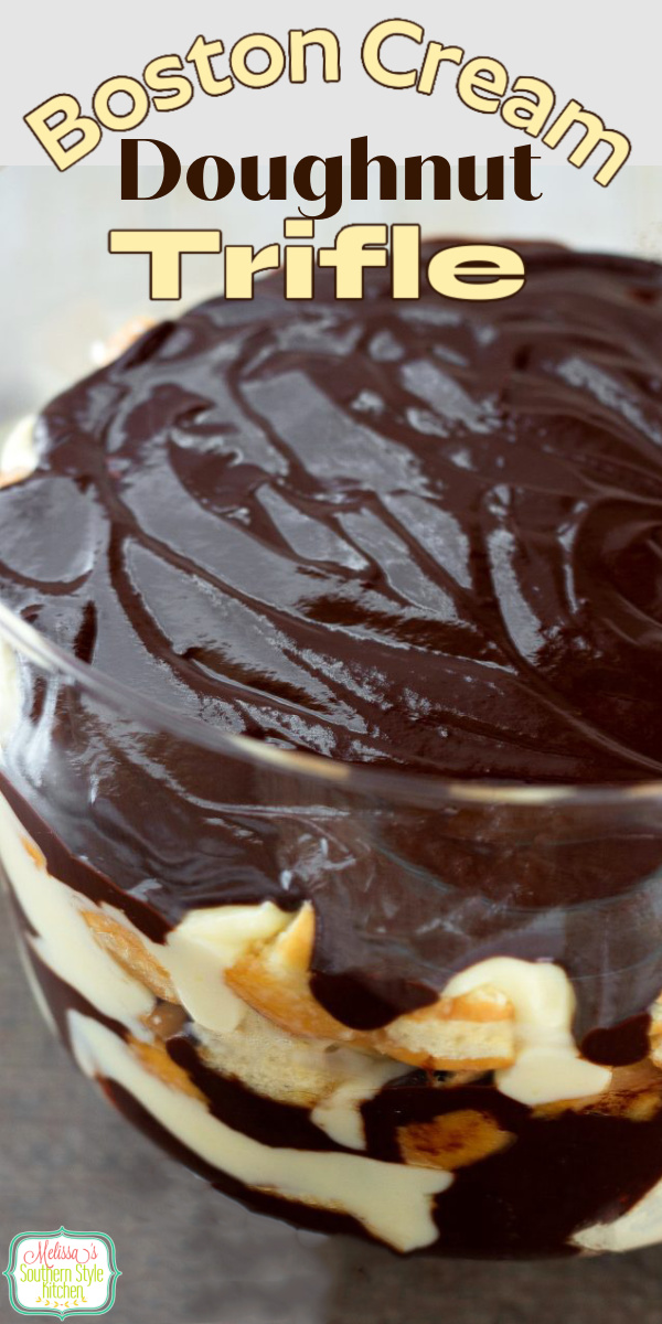 This Boston Cream Doughnut Trifle features layers of pastry cream, glazed doughnuts and a gooey chocolate ganache. #bostoncream #bostoncreamdoughnuts #bostoncreamtrifle #trifles #triflerecipes #desserts #dessertfoodrecipes #holidaydesserts #southernfood #donuts #doughnuts #southernrecipes via @melissasssk