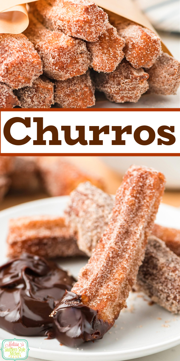 Serve these homemade cinnamon sugar coated Churros for dessert with warm chocolate fudge sauce on the side for dipping #churros #churrosrecipes #howromakechurros #chouxdough #patechoux #homemadedesserts #cincodemayo #mexicandesserts via @melissasssk