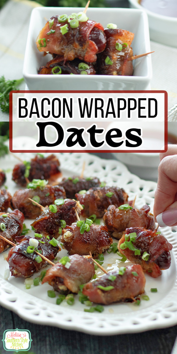 Serve these Bacon Wrapped Dates at your next family gathering, game day, or holiday party for an easy crowd-pleasing appetizer. #bacon #appetizers #bacondates #christmasappetizers #newyearseverecipes #partyfood #baconrecipes via @melissasssk