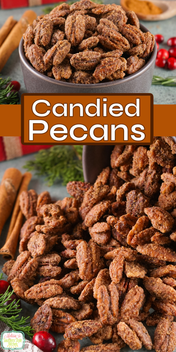 These sweet and spicy Candied Pecans are a must-make holiday treat, perfect for gift-giving, party snacking, and goodie trays. #candiedpecans #christmasrecipes #nuts #candiednuts #cinnamonpecans via @melissasssk