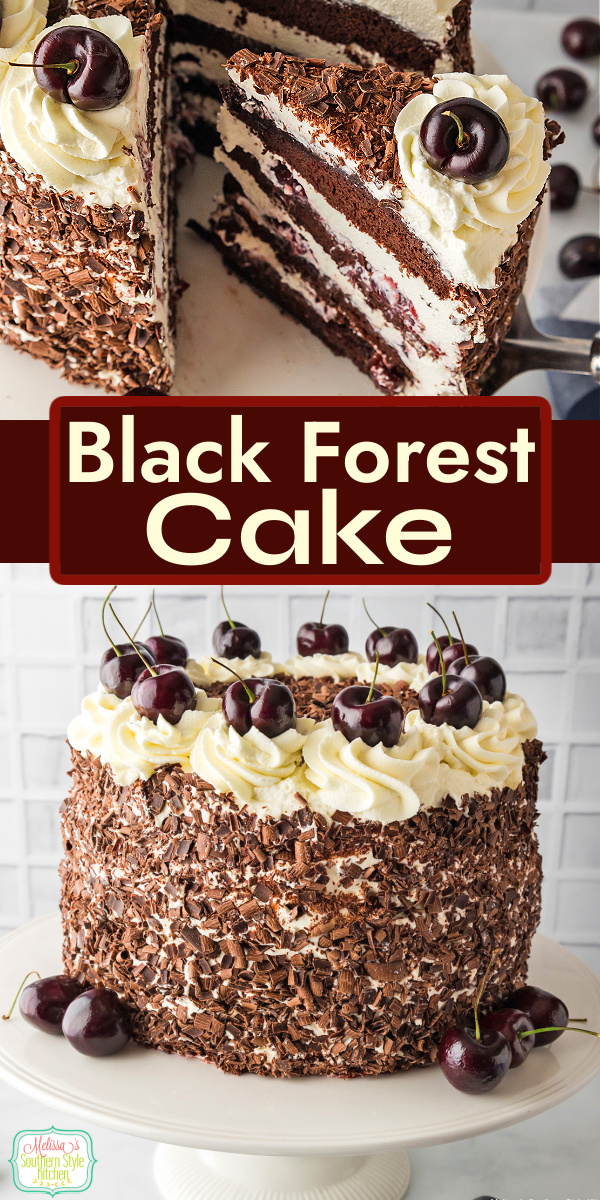 Classic Black Forest Cake with chocolate layers, cherry filling, and whipped cream inspired by my Grandma&rsquo;s holiday dessert table. #blackforestcake #cherrycake #chocolatecherrycake #chocolatecake #cakerecipes #christmascakes via @melissasssk