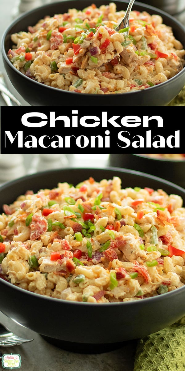 Creamy chicken macaroni salad made with tender elbow macaroni, juicy chicken, and fresh veggies. The perfect make-ahead side dish for summer picnics, BBQs, potlucks, and holiday gatherings! #macaronisalad #pastasalad #summerrecipes #potluckideas #easyrecipes via @melissasssk