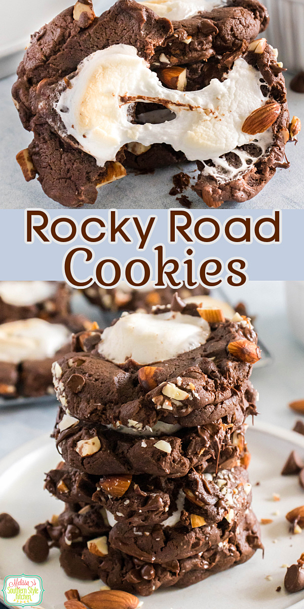 These gooey Rocky Road Cookies are everything you love about the classic candy bar in warm, melty cookie form. #rockyroadcookies #cookierecipes #christmascookies #cookierecipes #cookieswap #chocolatecookies via @melissasssk