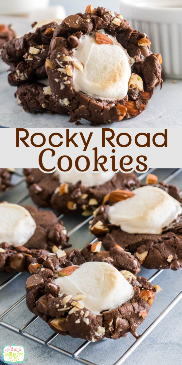 These gooey Rocky Road Cookies are everything you love about the classic candy bar in warm, melty cookie form. #rockyroadcookies #cookierecipes #christmascookies #cookierecipes #cookieswap #chocolatecookies via @melissasssk