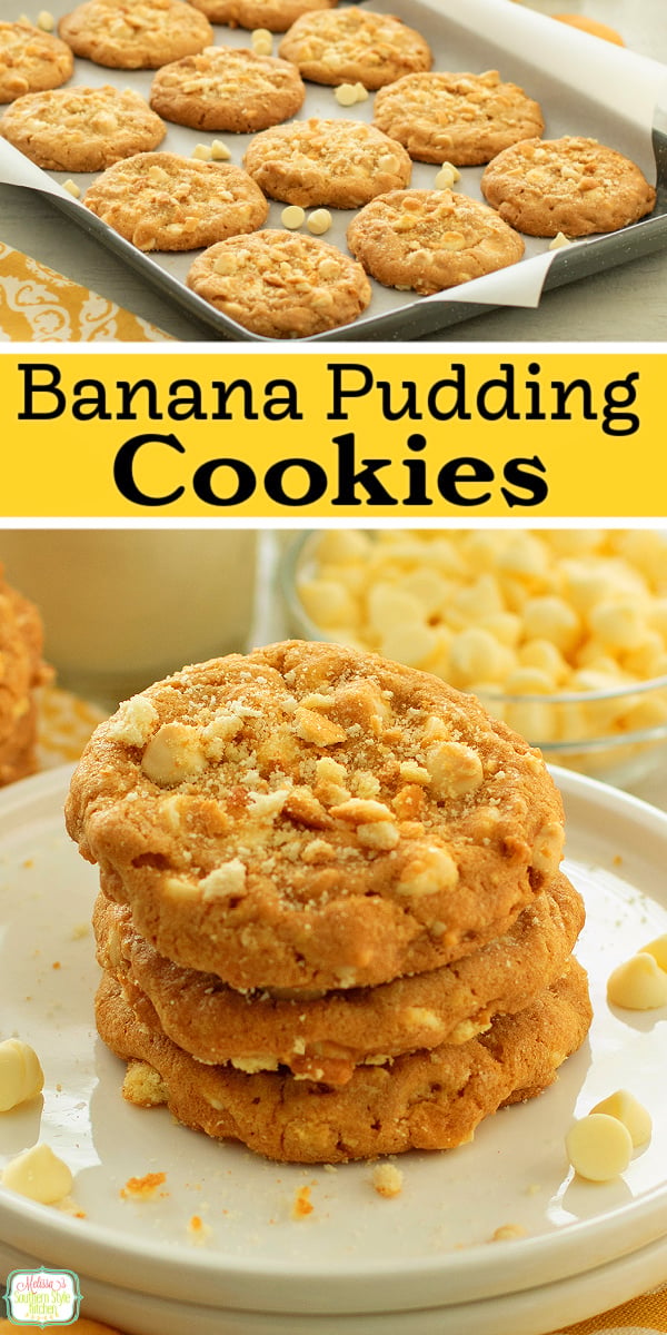 Soft, chewy banana pudding cookies loaded with sweet banana flavor and crunchy vanilla wafers &mdash; the ultimate Southern-style dessert cookie! #BananaPuddingCookies #SouthernDesserts #CookieRecipe #HomemadeCookies #DessertRecipes #BananaDessert #EasyDesserts #BakingFromScratch #ComfortFood #SweetTreats via @melissasssk