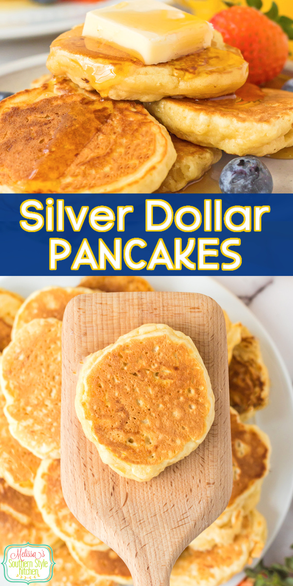Fluffy, bite-sized Silver Dollar Pancakes are perfect for breakfast or brunch. #pancakes #minipancakes #silverdollarpancakes #breakfast #brunch #christmasmorning #pancakerecipes via @melissasssk