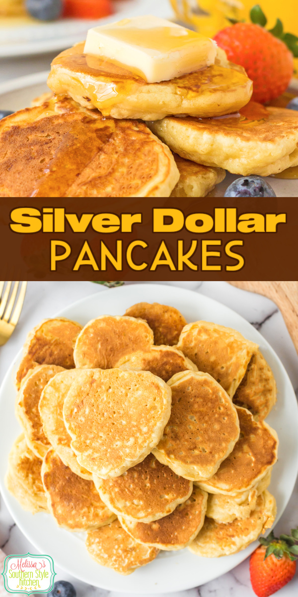 Fluffy, bite-sized Silver Dollar Pancakes are perfect for breakfast or brunch. #pancakes #minipancakes #silverdollarpancakes #breakfast #brunch #christmasmorning #pancakerecipes via @melissasssk