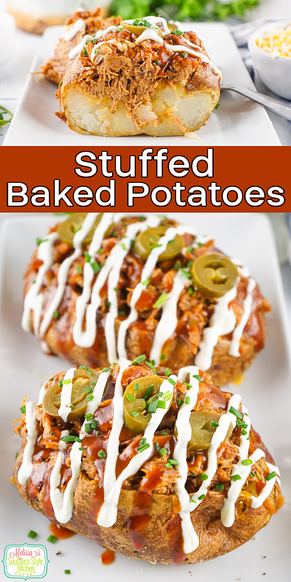 These Stuffed Baked Potatoes are loaded with everything you love perfect for busy weeknights, game day, or a no-fuss comfort food dinner. #stuffedpotatoes #pulledporkrecipes #twicebakedpotatoes #bakedpotatorecipes #stuffedbakedpotatoes via @melissasssk
