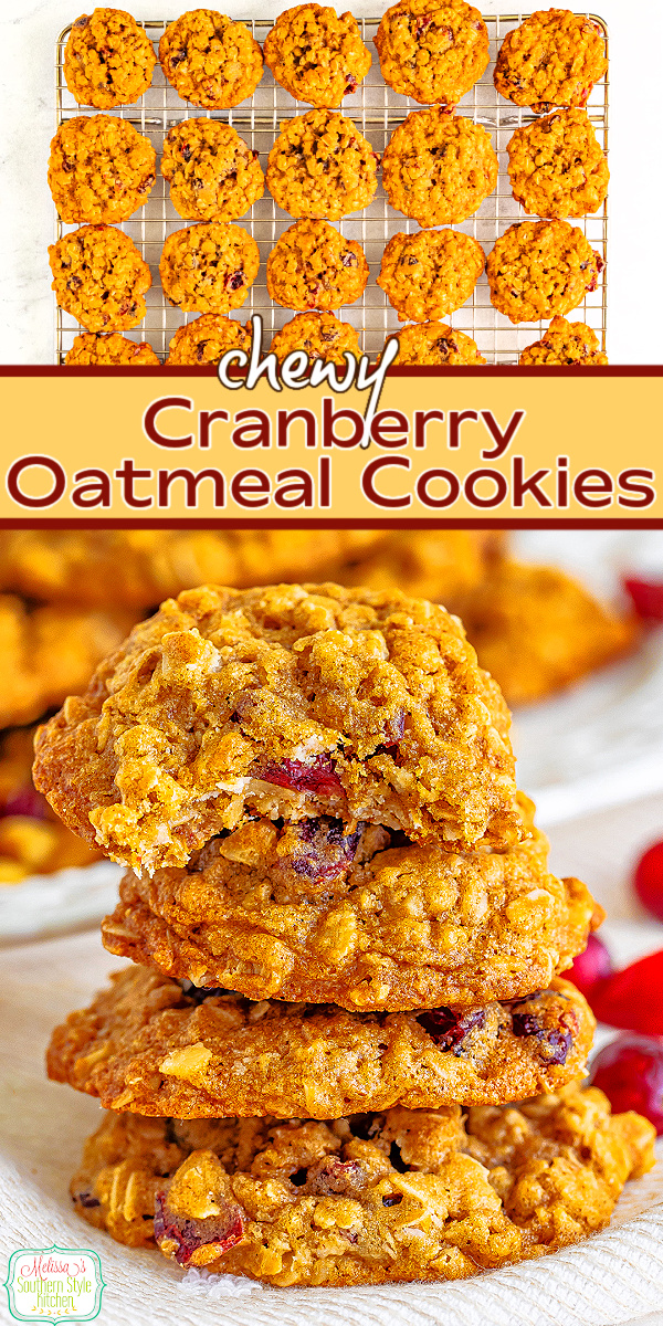 These Cranberry Oatmeal Cookies are soft, chewy, and packed with hearty oats and sweet-tart dried cranberries. #christmascookies #cranberrycookies #chewyoatmealcookies #cranberryoatmealcookies #oatmealcookies via @melissasssk