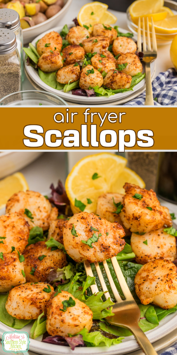 These Air Fryer Scallops are full of buttery flavor. Simple seasonings enhance their natural sweetness for a quick, easy seafood meal. #seascallops #airfryerrecipes #airfryerscallops #scallops #seafoodrecipes #lowcarb via @melissasssk