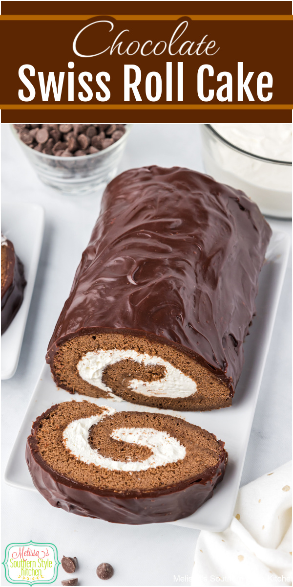 Chocolate Swiss Roll Cake with fluffy chocolate cake, sweet whipped cream and rich chocolate ganache, perfect for any dessert occasion. #swissroll #cakeroll #chocolateswissrollcake #chocolatecakeroll via @melissasssk