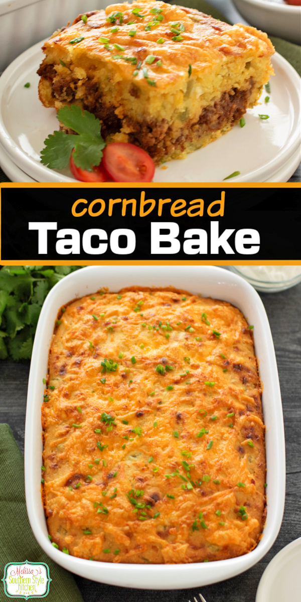 Easy Cornbread Taco Bake with seasoned beef, cheese, and a golden cornbread crust, perfect for busy weeknight dinners. #cornbread #mexicancornbread #tacobake #tacocornbread #mexicancornbread via @melissasssk
