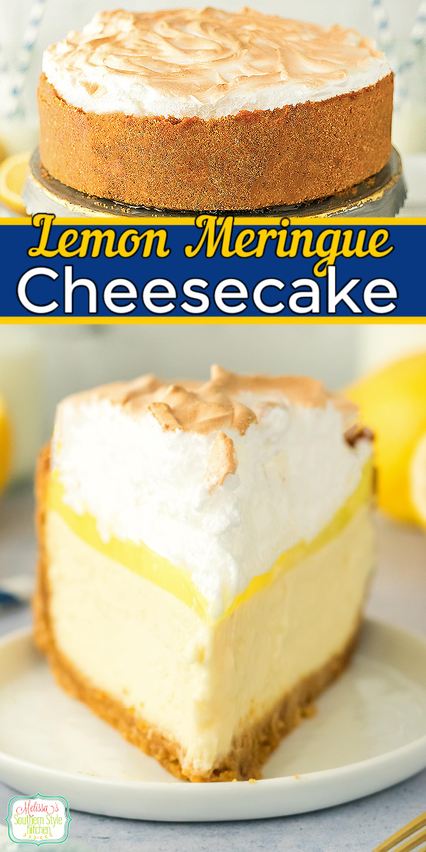 Sweet Lemon Meringue Cheesecake with a velvety texture, bright citrus flavor, and fluffy meringue topping. Perfect for any occasion. #cheesecake #lemondesserts #lemonneringuecheesecake #cheesecakerecipes #easterdesserts #christmasrecipes via @melissasssk