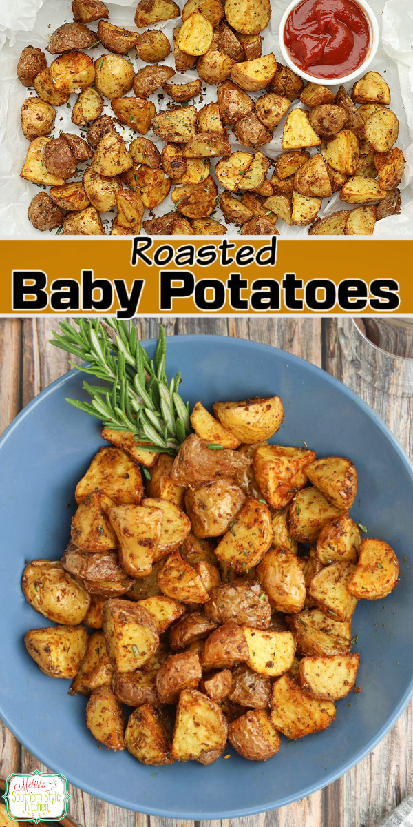Crispy Roasted Baby Potatoes with a golden exterior and fluffy center are an easy Southern-style side dish the whole family will love. #roastedpotatoes #babypotatoes #southernrecipes #potatosidedishrecipes #ovenroasted via @melissasssk
